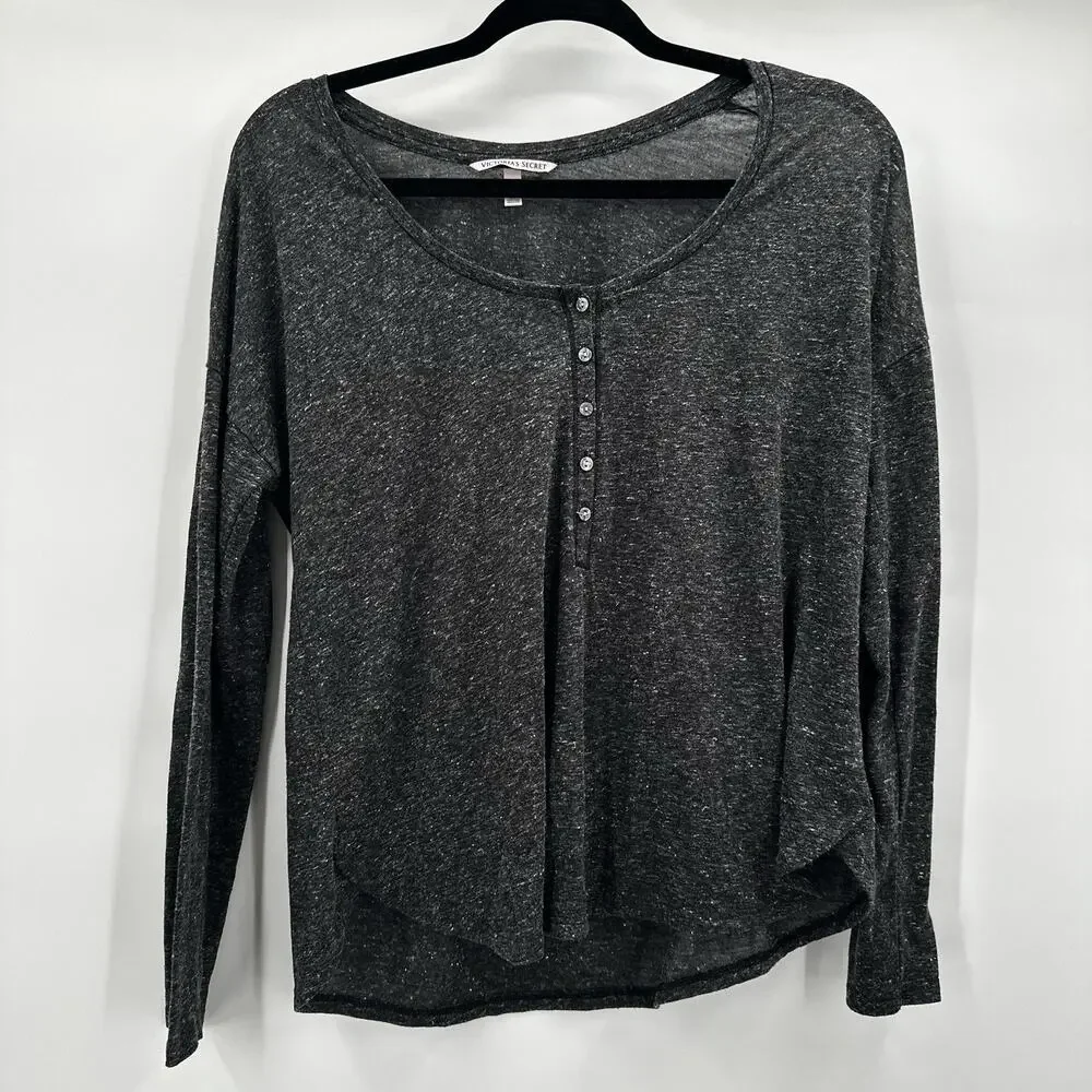 Victoria Secret Top Shirt Womens Small‎ Grey Henley Scoop Neck Soft Flax